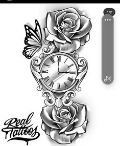 an image of a clock and roses tattoo design