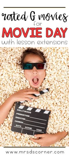 a child wearing sunglasses and holding a clapper in front of a popcorn box with the words, rated g movies for movie day