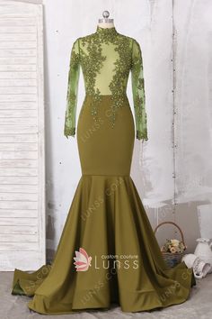 Sexy and unique, this African American olive green prom dress features an illusion high neck lace bodice with long sleeves and invisible zipper closure back, ideally fitted bottom with ruffled hem. Olive Green Prom Dress, Green Mermaid Prom Dress, Modest Long Dresses, Custom Made Prom Dress, Illusion Top, Green Floor, Long Sleeve Bandage Dress, Prom Dresses Elegant, Mermaid Prom Dress