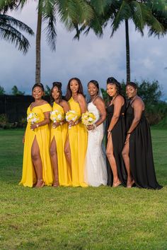 Bride. Bridesmaids. Bridal Party Black And Yellow Bridesmaid Dresses, Black White And Yellow Wedding, Black And Yellow Wedding Theme, Yellow Black Wedding, Yellow Bridal Party, Black And Yellow Wedding, Hunters Wedding, Yellow Wedding Ideas