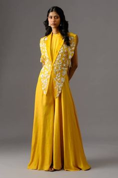 Buy Yellow Bamberg Silk Embroidery Thread Jumpsuit Dahlia Solid With Overlay For Women by Vanshika Agarwal Label Online at Aza Fashions. Aesthetic Bookmarks, Mustard Jumpsuit, Solid Jumpsuit, Gold Mangalsutra Designs, Gold Mangalsutra, Mangalsutra Designs, Pakistani Bridal Dresses, Beaded Neckline, Pakistani Bridal