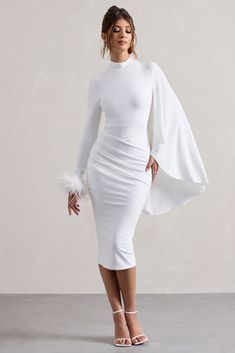 Midi Dresses Prom & Occasion Midi Dresses – Club L London - USA Dress With Feathers, Feather Cuff, Club L London, Long Cape, Prom Midi Dress, Strappy Stilettos, White Midi, Maxi Dress Prom, Cape Sleeves