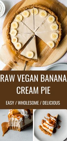 raw vegan banana cream pie on a wooden cutting board