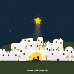 a nativity scene with a star above the town and palm trees in the foreground