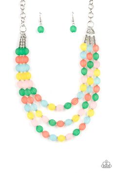 Attached and separated by shiny silver beads, three rows of alternating vibrant multi-colored striped acrylic beads layer across the collar creating a colorful canvas. Features an adjustable clasp closure.

 Sold as one individual necklace. Includes one pair of matching earrings. Accessories Website, Multi Necklace, Red Necklace, Summer Necklace, Pink Necklace, Paparazzi Accessories, Colourful Necklace, Paparazzi Jewelry, Pink Bracelet