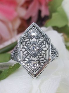 White CZ Ring, 3 gems, Delicate Silver Web Filigree, Art Deco Jewelry D231 Art Deco Revival, Art Deco Movement, Gem Diamonds, 1920s Art Deco, Sterling Silver Filigree, Tiny Heart, Filigree Ring, Cz Ring, Gorgeous Art