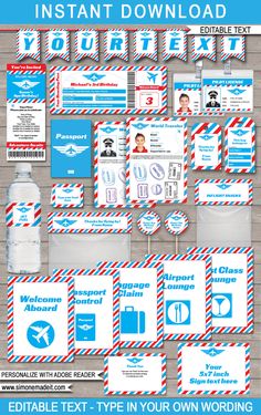 an airplane themed birthday party with blue and red paper decorations, water bottle labels, and other items