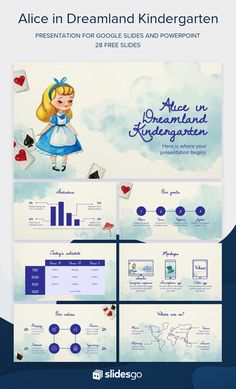 the alice in wonderland powerpoint presentation is displayed on a blue background with white clouds