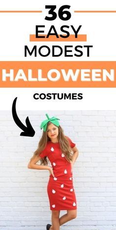 a woman wearing a red dress with white polka dots on it and the words, 35 easy modest halloween costumes