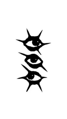 three black and white silhouettes of eyes with spikes on the bottom, one eye is in