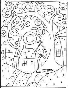 a coloring page with houses and trees