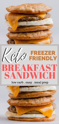 keto breakfast sandwich stacked on top of each other with text overlay reading keto freezer friendly breakfast sandwich low carb, easy meal prep