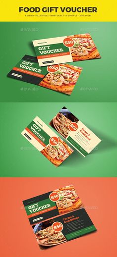 three different colored banners with pizzas on them and the words, food gift voucherr