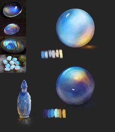 several images of different shapes and sizes of soap bubbles on a black background, including one blue bottle