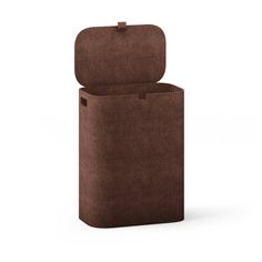 a brown storage bag with the lid open and it's bottom section folded up