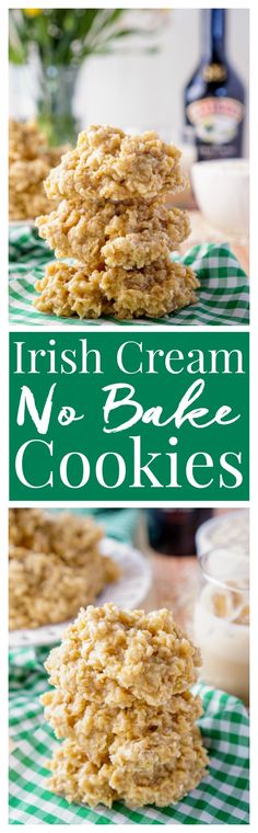 irish cream no bake cookies are stacked on top of each other and ready to be eaten