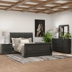 a bedroom scene with focus on the bed, dresser and two nightstands that have plants in them