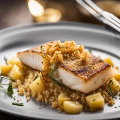 a white plate topped with fish and potatoes on top of couscouse next to a fork