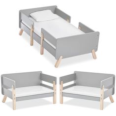 three wooden toddler beds with mattresses on them