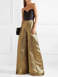 High Waisted Loose Solid Color Pants Trousers Elegant Gold Bottoms For Festive Occasions, Elegant Festive Gold Bottoms, Formal Festive Wide Leg Pants, Glamorous High-waist Gold Bottoms, Elegant Gold Pants For Party, Glamorous High Waist Gold Bottoms, Glamorous Gold High-waisted Bottoms, Glamorous Gold Evening Pants, Formal Festive Wide Leg Bottoms