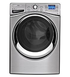 the front load washer is shown in stainless steel, and has an automatic door