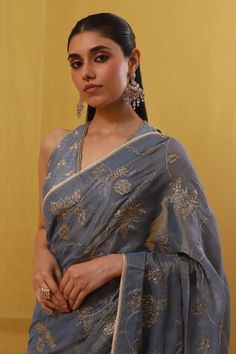 Blue saree with pitta, beige and peach thread, sequin and pearl embroidery in floral pattern. Paired with matching blue sleeveless blouse. - Aza Fashions Summer Saree With Zari Work For Reception, Summer Reception Saree With Zari Work, Elegant Summer Chanderi Saree, Zari Saree, Pearl Embroidery, Blue Saree, Blouse For Women, Saree With Blouse, Aza Fashion