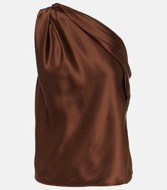 Find The Sei Draped One-shoulder Silk Satin Top on Editorialist. Material: 100% silk. Care instructions: dry clean. Made in China. Designer color name: Chocolate. Draped Dress Outfit, Silk Drape Dress, Party Edit, Office Outfits Women, Designer Tops, Brown Silk, Satin Top, Draped Dress, One Shoulder Tops