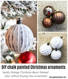 diy chalk painted christmas ornaments hanging from a tree with text overlay that reads diy chalk painted christmas ornaments hanging from a tree