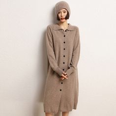 Collared Button Up Cashmere Cardigan Dress - BEYOND Elegant Beige Winter Cardigan, Elegant Long Sleeve Sweater Coat For Daywear, Elegant Cashmere Sweater Dress For Work, Chic Beige Cashmere Sweater Coat, Elegant Long Sleeve Neutral Cardigan, Winter Cashmere Sweater Dress For Work, Elegant Beige Sweater Coat With Buttons, Classic Sweater Dress For Work, Elegant Neutral Sweater Dress For Fall