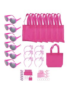 pink sunglasses and accessories are arranged on a white background, including a tote bag