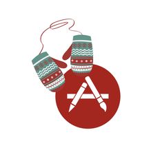 two knitted mittens sitting on top of a red circle with the letter a