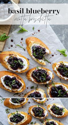 blueberry crostini with cream cheese and fresh basil on top is shown in three different views