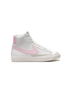 Nike Kids Blazer Mid '77 "White/Pink" Sneakers - Farfetch Pink High-top Sneakers With Contrast Sole For Spring, Pink Basketball Shoes For Spring Streetwear, Pink Leather High-top Sneakers With Vulcanized Sole, Pink Lace-up Basketball Shoes With Gum Sole, White Basketball Shoes With Vulcanized Sole, White Basketball Shoes With Rubber Waffle Outsoles For Streetwear, Pink Mid-top Skate Shoes With Laces, Pink High-top Sneakers With Gum Sole For Spring, Pink Leather High-top Sneakers With Gum Sole