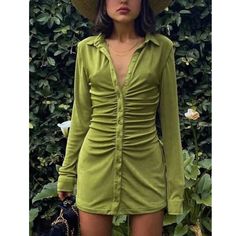 This Material Can’t Compare Size Xs Worn Once Polo Dress Outfit, Checkered Polo, Elegant Streetwear, Bodycon Shirt, Green Checkered, Slinky Dress, Streetwear Shirts, Slim Dress, Ruched Bodycon Dress