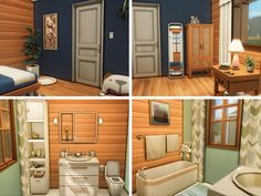 four different views of a bathroom with wood walls and flooring, including a toilet, sink, tub, and bed