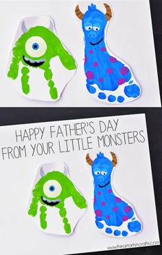 two handprinted monster cards with the words our little monsters written on them in blue and green