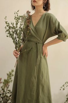 Tori Linen Dress – VAST Green Linen Wrap Dress, Sage Green Linen Dress, Dress Linen Elegant, Wrap Dress Linen, A Line Casual Dress, Soft Summer Romantic, Earth Tone Aesthetic Fashion, Simple Casual Dresses, Minimal Casual Outfit