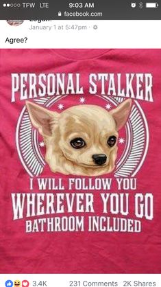 a pink t - shirt with an image of a dog on it's chest that says, personal staker i will follow you wherever you go bathroom included