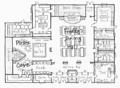 the floor plan for a restaurant with seating areas and kitchen area, as well as an office