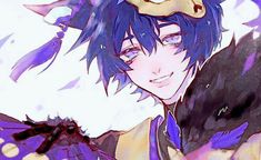 an anime character with purple hair and blue eyes holding a black bird in his hand