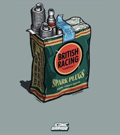 an illustration of a british racing spark plugs can be seen in this cartoon style