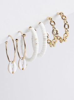 FIT 2. 05 x 1. 5” , 2” , 1. 75”. MATERIALS + CARE Base metal and charms. . Imported. . DETAILS Set of 3. Shell details. . The best plus size women's shell hoop earring set - gold tone earrings sets in gold. White Hoop Jewelry For Jewelry Making, White Metal Hoop Earrings, White Metal Hoop Jewelry, White Metal Dangle Hoop Earrings, Fine Jewlery, Hoop Charms, Hoop Earring Sets, Roller Skate, Bra Cups