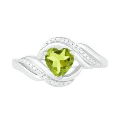 Make your romantic taste known with this charming gemstone heart ring. Crafted in sterling silver, this look showcases a 6.0mm heart-shaped spring-green peridot. Diamond-accented and beaded ribbons surround the center in a bypass frame, while polished curved ribbons glisten along the shank to complete this cascading design. Buffed to a brilliant luster, this ring is certain to be enjoyed. Fine Jewelry Green Heart Ring For May Birthstone, Green Heart Ring For May Birthstone, Fine Jewelry Style, Green Heart Ring For May Birthstone, Fine Jewelry Green Heart Shaped Ring, Green Heart-shaped Fine Jewelry Ring, Green Heart Cut Jewelry With Accent Stones, Elegant Green Sterling Silver Heart Ring, Elegant Green Heart Sterling Silver Ring, Green Heart-shaped Ring For May Birthstone