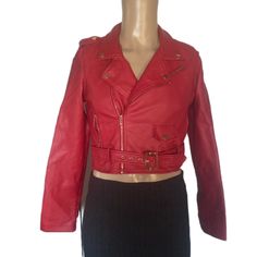 Red Semi Crop Bikers Jacket. Never Worn Red Faux Leather Long Sleeve Outerwear, Fall Red Leather Jacket With Zipper Closure, Trendy Red Fitted Leather Jacket, Trendy Red Outerwear For Fall, Red Faux Leather Jacket For Fall, Red Edgy Outerwear With Zipper Closure, Edgy Red Winter Outerwear, Trendy Red Leather Jacket With Long Sleeves, Red Fitted Leather Jacket For Spring