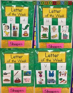 four bulletin boards with different types of words and pictures on them, all in green