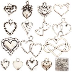 lots of heart shaped charms are shown in various shapes and sizes on a white background