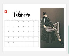 a calendar with an image of a woman in black and white sitting on a chair