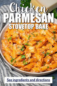 chicken parmesan stovetop bake in a white bowl with parsley on top