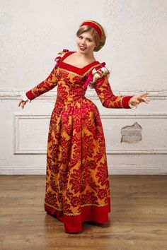 “Venetian Princess” - made to order - please send measurements based on the chart in the listing photosAn elegant, historic period dress in the style of Italian fashion of the XVI century.The fabric used is cotton jacquard in the typical large print of the period. The neck, the sleeves and the hemline of the dress are trimmed with velvet in a saturated cherry color. In the finishing, braided golden bands embroidered by hand are used.  The dress consists of three parts. There is a bodice that lac Victorian Dress With Historical Design For Fancy Dress, Rococo Style Fitted Medieval Dress For Fancy Dress, Fitted Rococo Medieval Dress For Fancy Dress, Victorian Dress For Theater With Historical Design, Traditional Baroque Costume Dress, Rococo Style Fitted Medieval Dress For Costume Party, Fitted Rococo Medieval Dress For Costume Party, Regency Style Medieval Dress For Costume Party, Baroque Medieval Dress For Costume