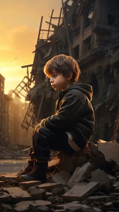 a young boy sitting on top of a pile of rubble